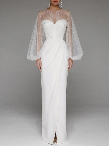 Pearl Mesh-paneled Sleeves Tube Top Maxi Dresses