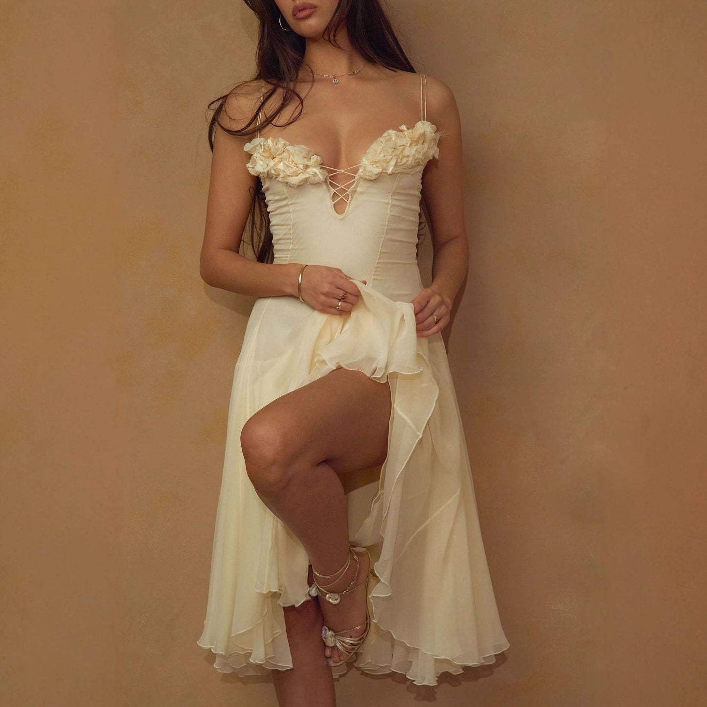 3D Flowers Bandage Slit Formal Dress Maxi Dresses
