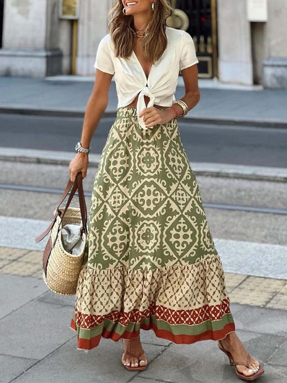 Geometric Print Tie Front Crop Top Tiered Ruffle Maxi Skirt Set