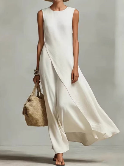Sleeveless Asymmetrical Hem Cotton-linen Blend Long Dress