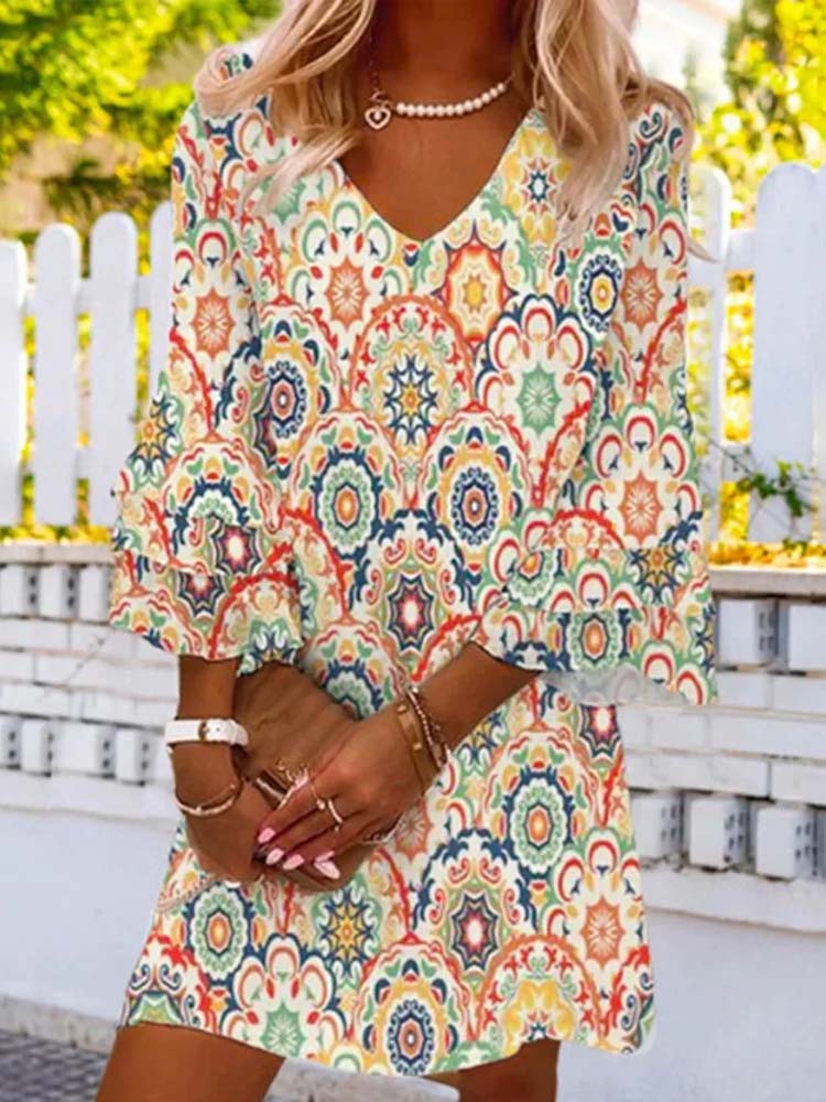 Medallion Print V-Neck Three-Quarter Bell Ruffle Sleeve Shift Mini Dress