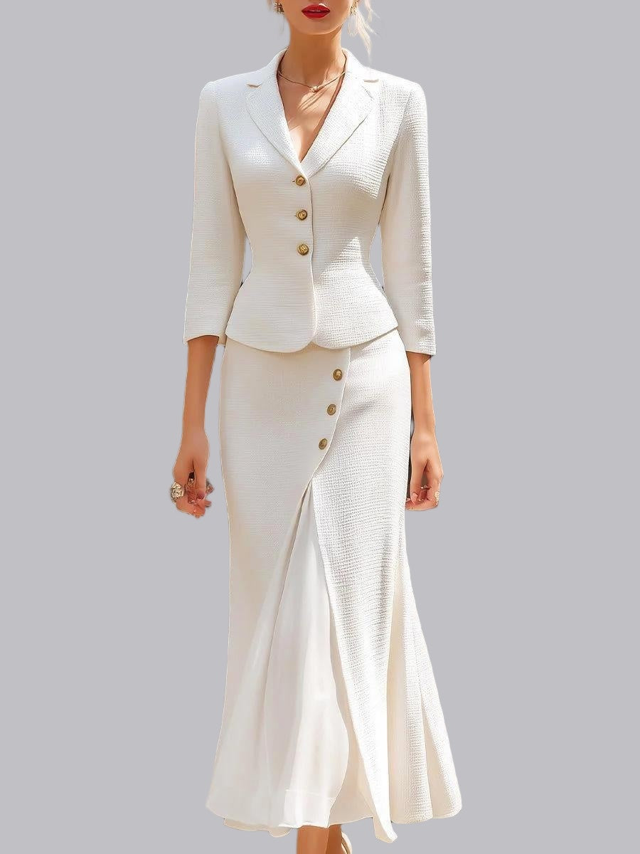 Single-breasted Three-quarter Sleeve Blazer Button-up Slit Skirt 2-piece Sets
