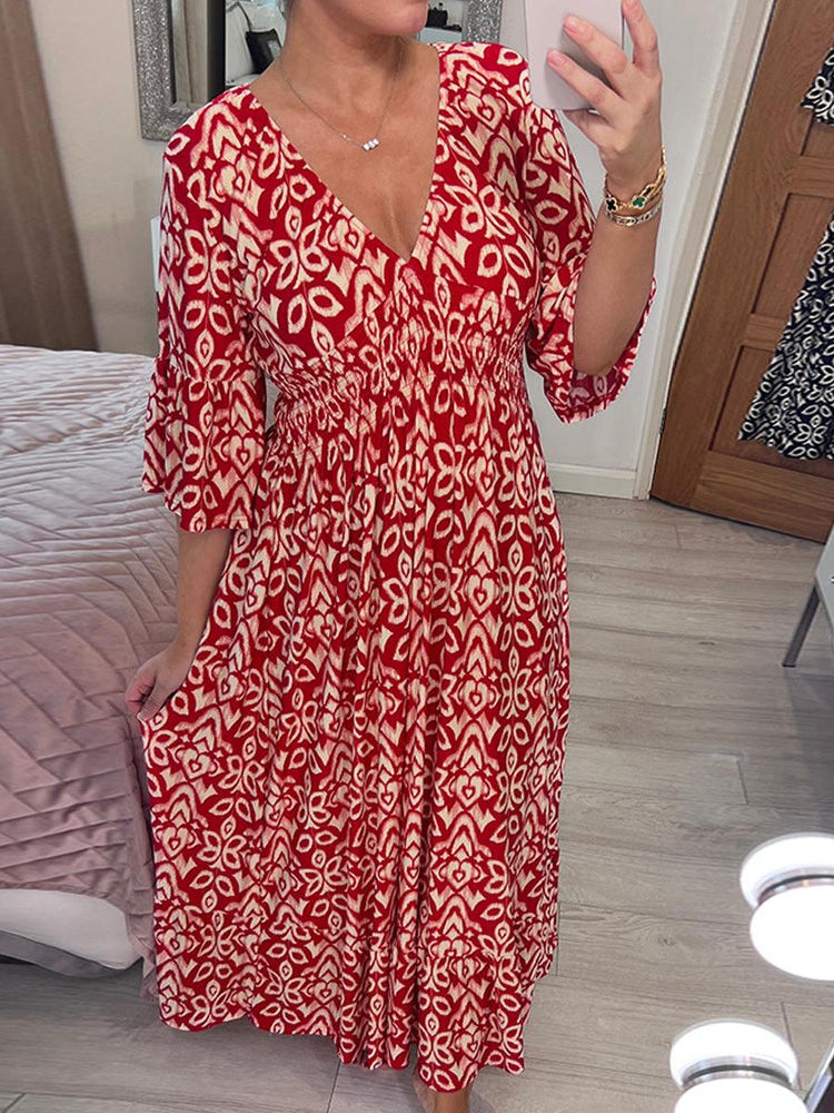 Deep V Neck Bell Sleeve Smocked Waist Tiered Ikat Print Maxi Dress