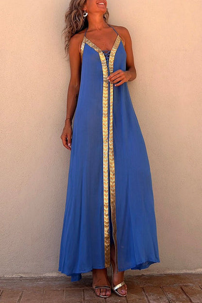 Margovil V Neck Backless Sequin Detailed Slit Maxi Cami Dress
