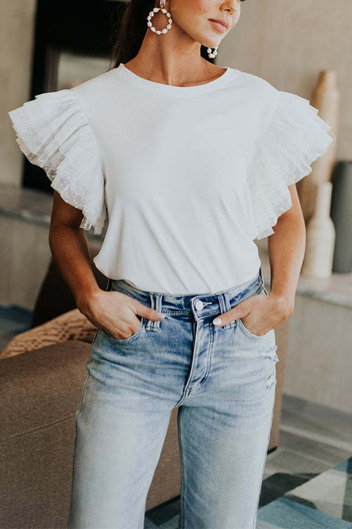 Margovil Round Neck Polka Dot Ruffle Short Sleeves Top
