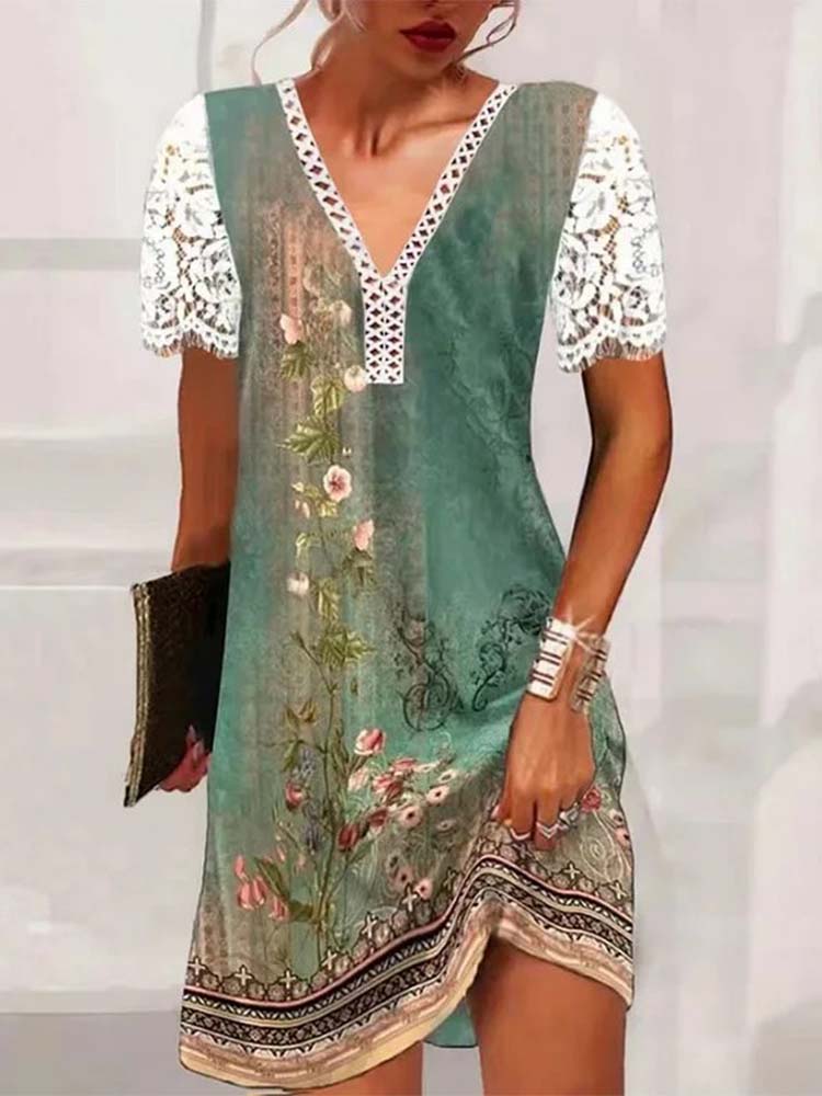 Floral Lace Sleeve Deep V-Neck Patchwork Border Shift Mini Dress