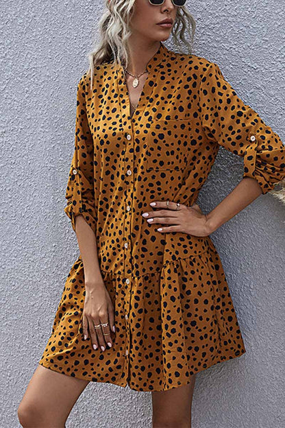 Spot Print Button Front Roll Tab Sleeve Tiered Ruffle Hem Shirt Mini Dress