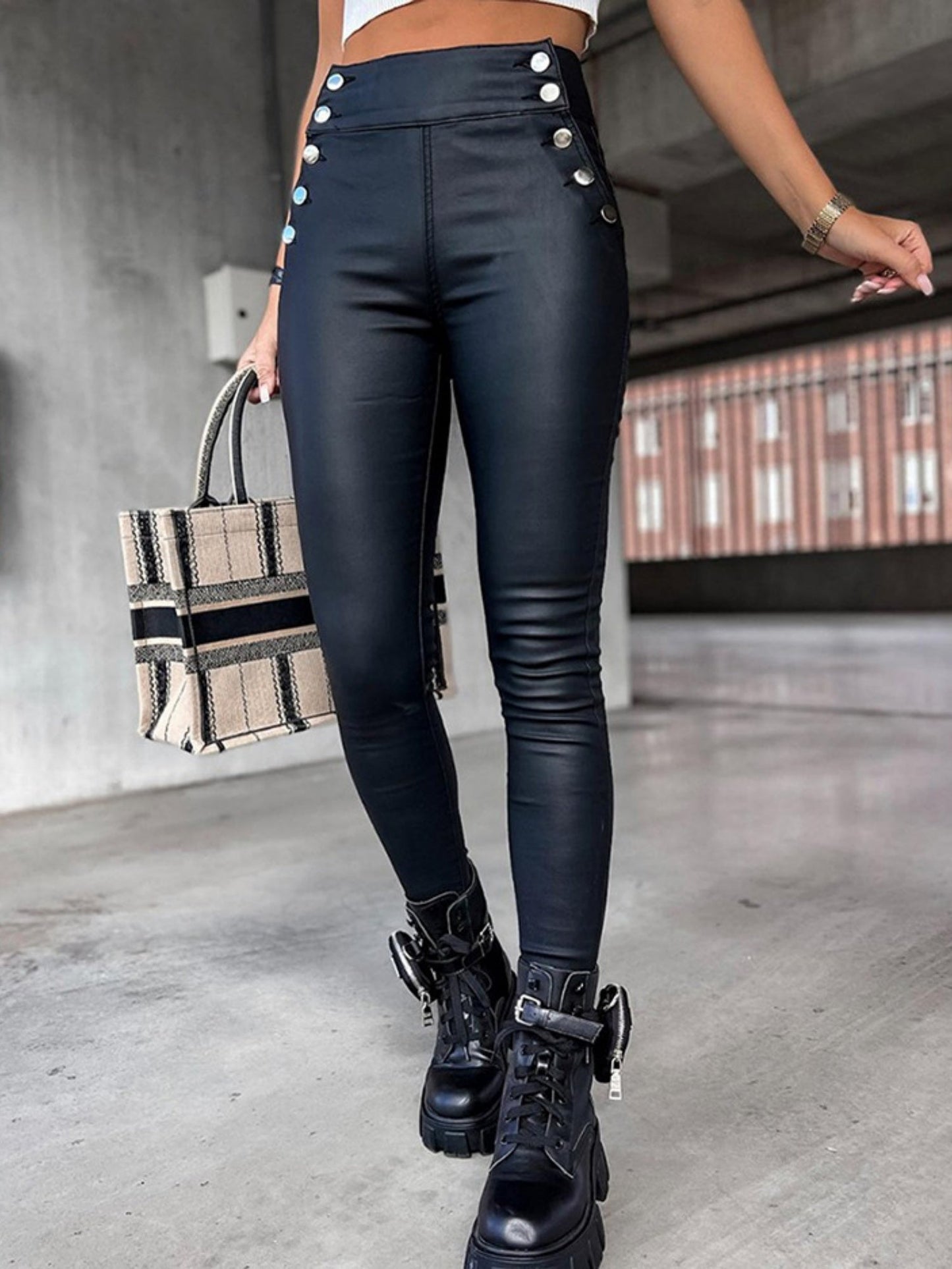 Imitation Leather Buttons High-waisted Slim Fit Pencil Trousers