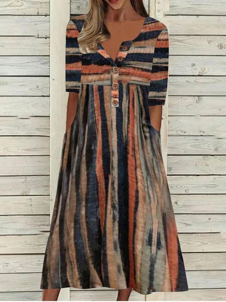 V Neck Button Front Empire Waist Multi Stripe Pocket Midi Dress