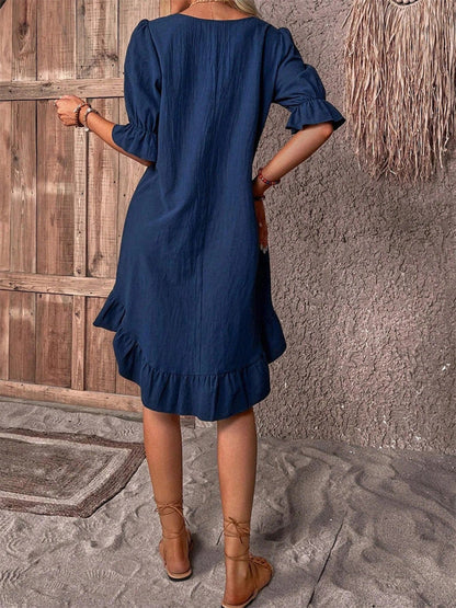 Crew Neck Puff Sleeve Ruffle Cuff Flounce Hem Shift Mini Dress