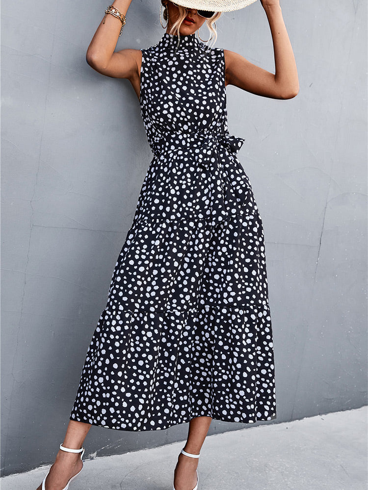 Mock Neck Tie Belt Tiered Polka Dot Sleeveless Midi Dress