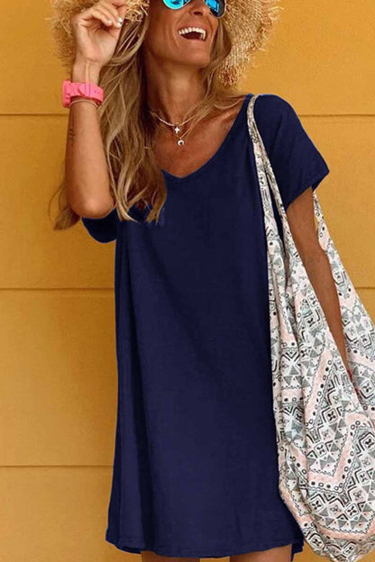 V-Neck Short Sleeve Loose Shift Mini Dress