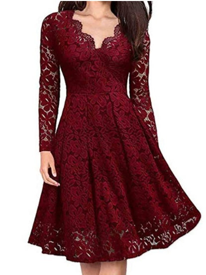 Long Sleeve Lace Solid Color Midi Dresses