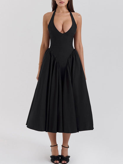 Gingham Plunge Halter Neck Fit and Flare Midi Dress