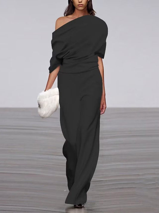 One-shoulder Short-sleeved Pleated Jumpsuit
