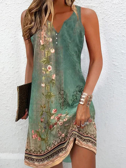 V-Neck Button Front Floral Border Print Sleeveless Shift Mini Dress