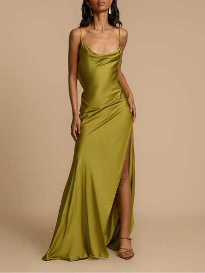 Cowl Neck Spaghetti Strap Satin High Slit Maxi Dress