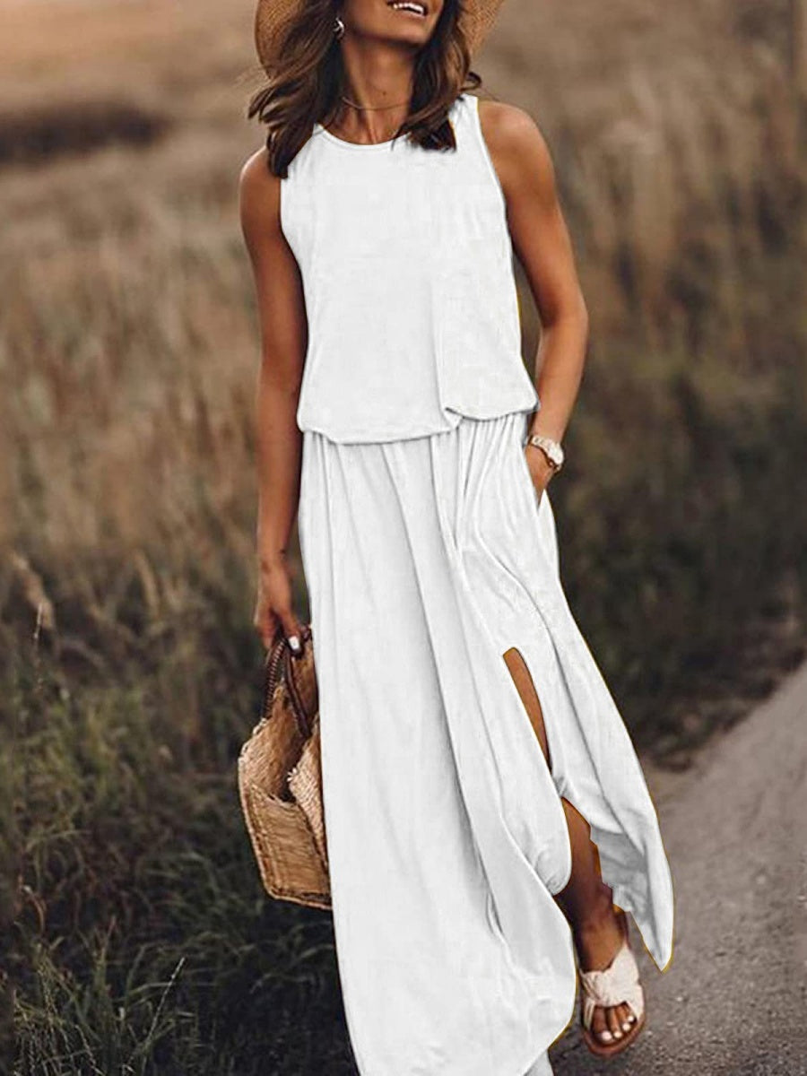Round Neck Sleeveless Slit Long Dress