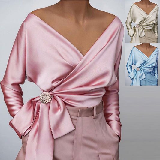 V-neck Long Sleeve Side Straps Silk Chiffon Blouse
