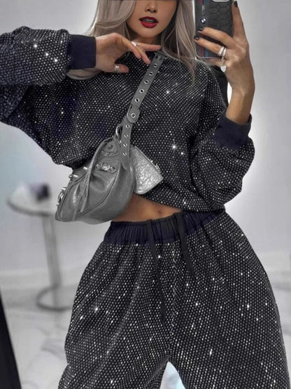 Sequined Long-sleeved Crew Neck Loose-fitting Hoodless Sweatshirt Top With Drawstring Wide-leg Pants 2-piece Sets