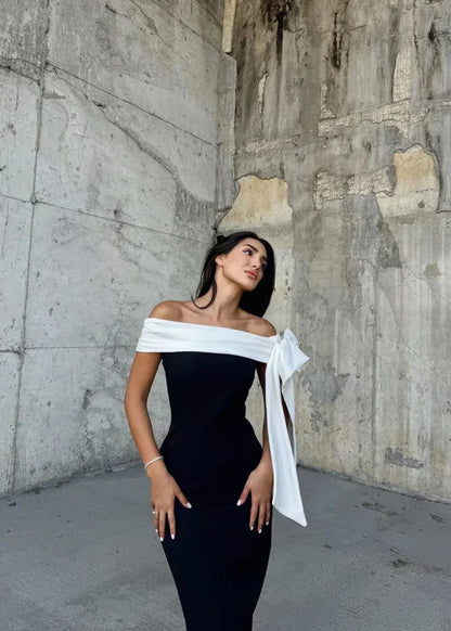 Off Shoulder Bow Drape Band Asymmetric Neck Mini Dress