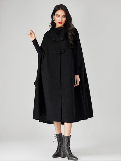 Wool Blend Cape Coat For Women Hooded Gray Oversized Long Poncho Outerwear 2026