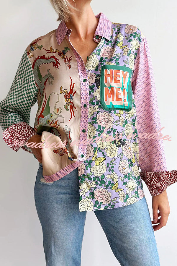 Dragon Season Unique Print Patchwork Pocketed Loose Shirt