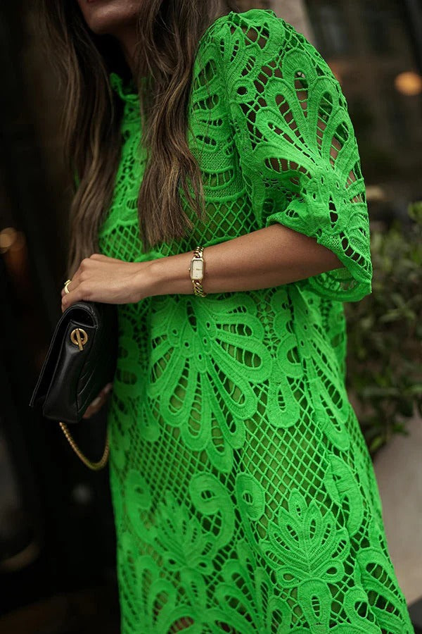 Guipure Lace Hollow-Out Mock Neck Scalloped Hem Shift Mini Dress