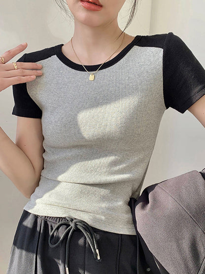 Contrast Color Stitching Crewneck Short Sleeve Knits
