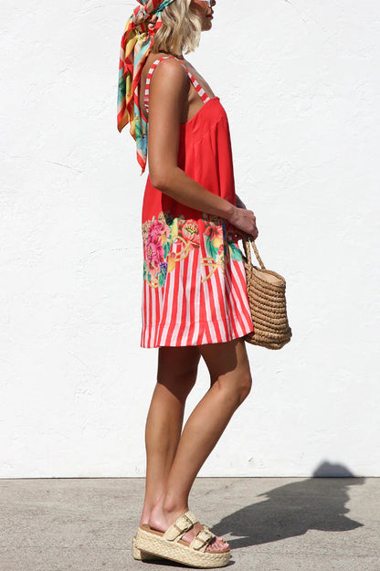 Floral Striped Print Square Neck Backless Loose Mini Dress