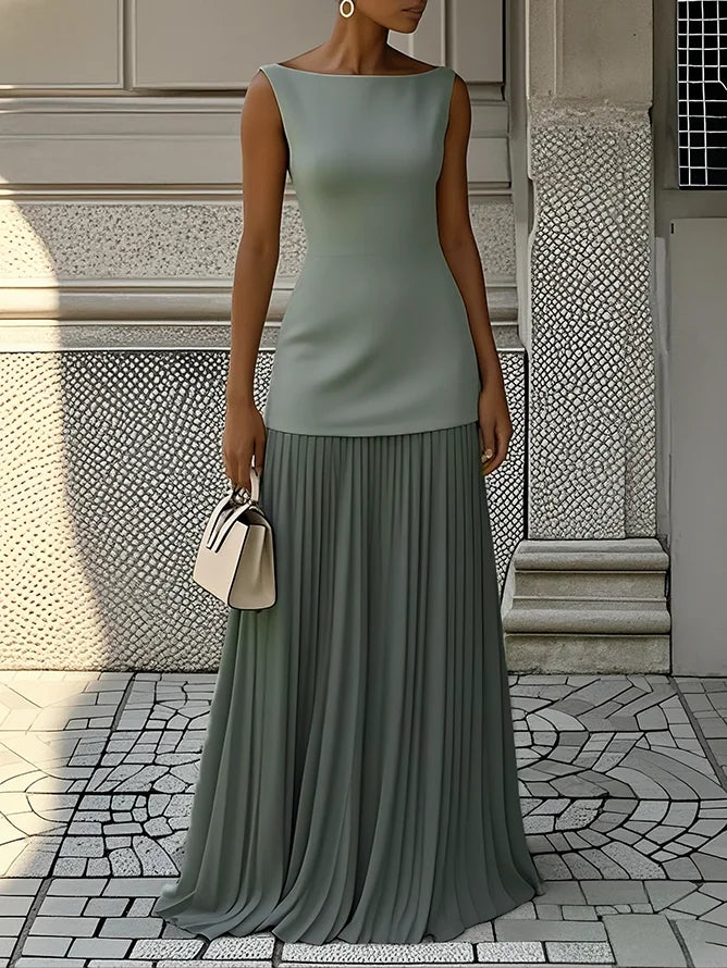 Women's Sleeveless Maxi Dress with Flowing Pleats – Elegant Bridesmaid Gown