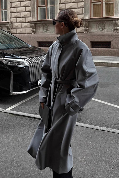 Lazy-Chic European Solid Color Stand Collar Belted Long Overcoat