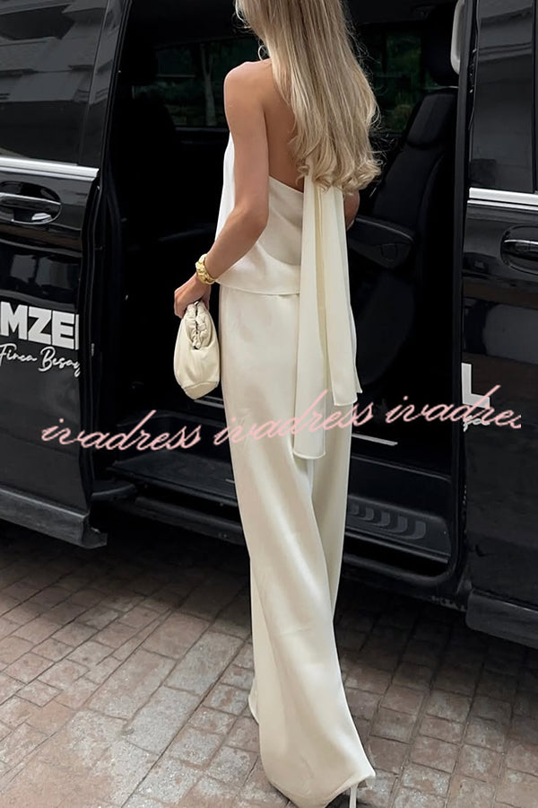 Modern Day Glam Satin Halter Tie-up Tank and Elastic Waist Wide Leg Pants Set