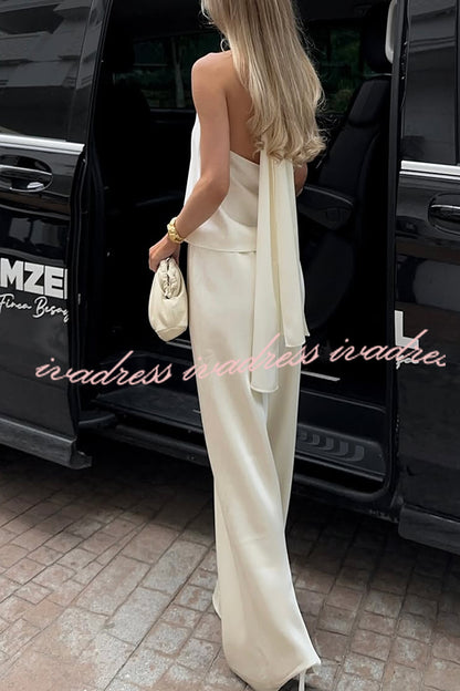 Modern Day Glam Satin Halter Tie-up Tank and Elastic Waist Wide Leg Pants Set