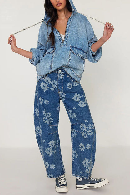 Fashionable Printed Casual Loose Mid-rise Pocket Leg Jeans