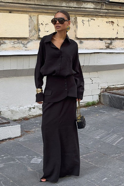 | Solid Long Sleeve Shirtdress Two Piece Set