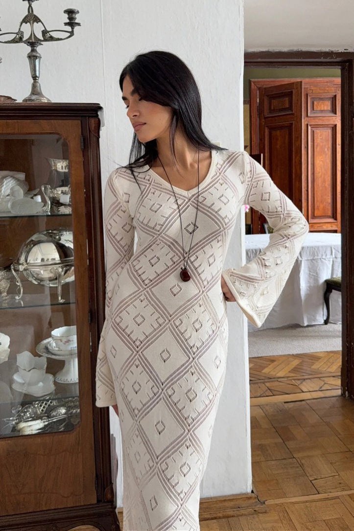| Knit Argyle Jacquard Long Sleeve Maxi Dress