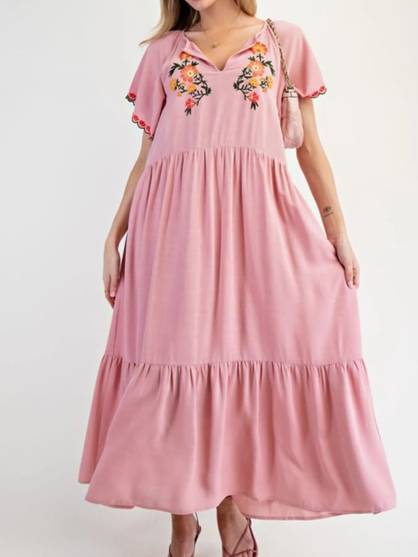 Floral Embroidered V-Neck Short Sleeve Tiered Maxi Dress