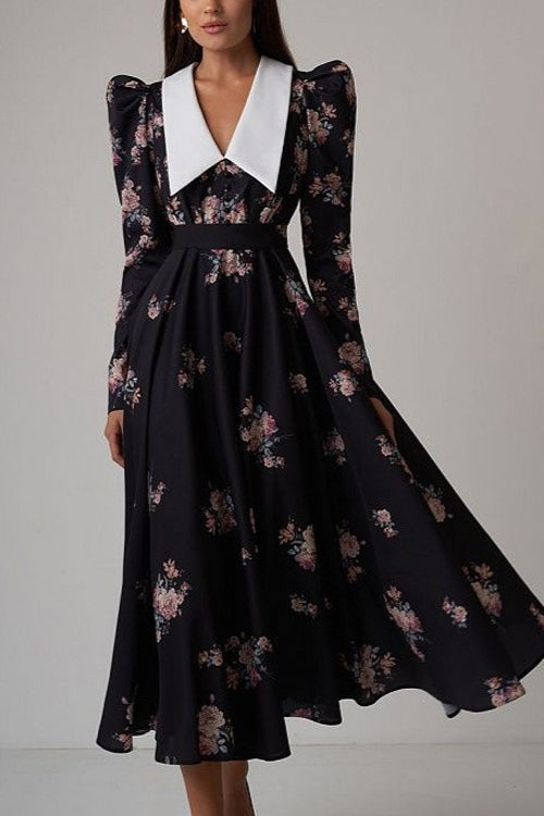 Pointed Collar Puff Shoulder Long Sleeve Cinched Waist Floral Midi Dress