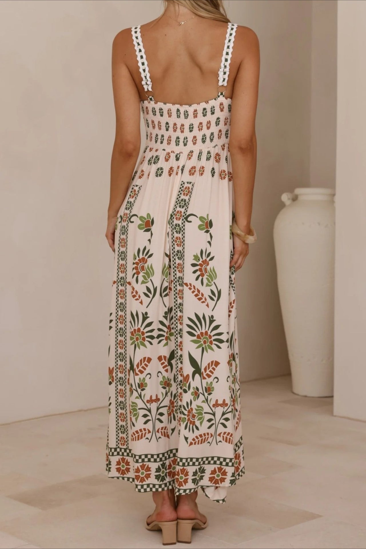 Scalloped Trim Square Neck Panel Print Border Hem Maxi Dress