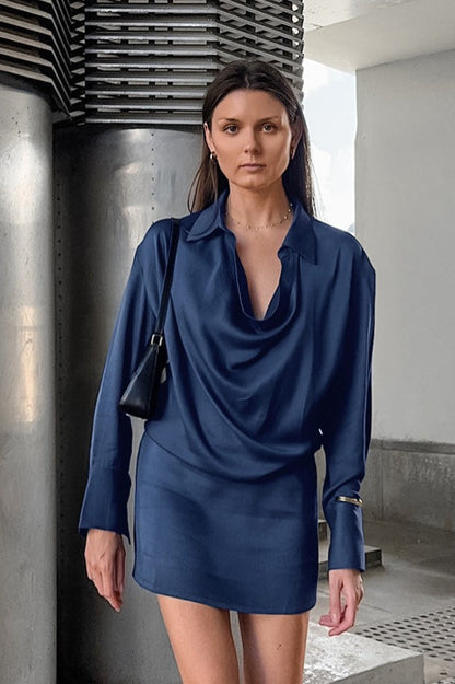 Collared Cowl Neck Long Sleeve Wide Cuff Satin Mini Dress