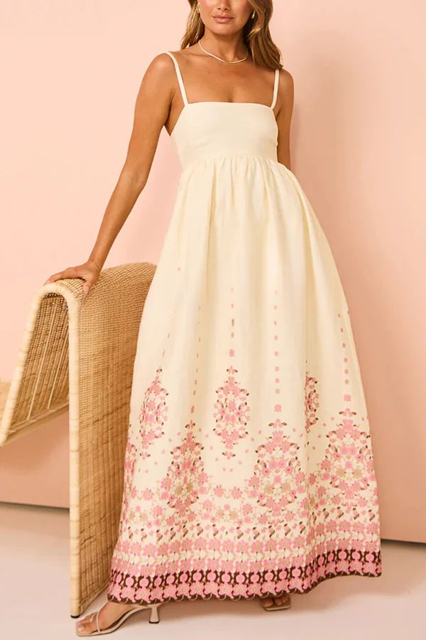 Linen Blend Floral Border Print Spaghetti Strap Empire Waist Maxi Dress