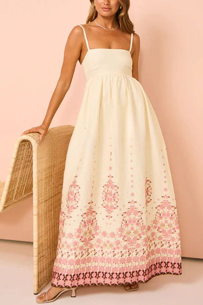 Linen Blend Floral Border Print Spaghetti Strap Empire Waist Maxi Dress