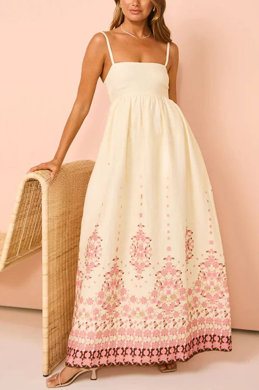 Linen Blend Floral Border Print Spaghetti Strap Empire Waist Maxi Dress