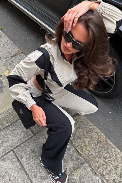 Color Block Zip Irregular Long Sleeve Sports Two Piece Set
