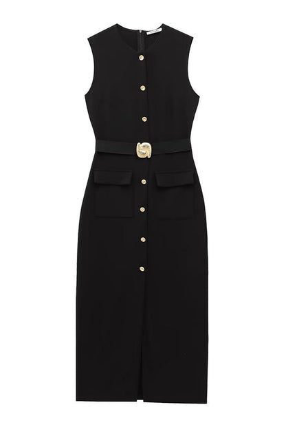 Danina Button Up Sleeveless Metal Belted Pocket Stretch Midi Dress