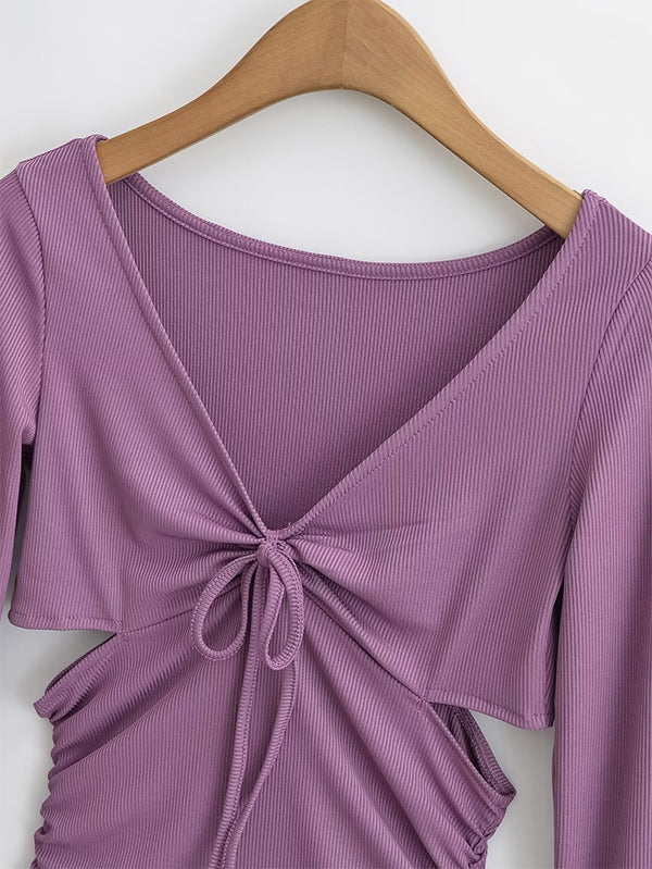 Solid V Neck Side Cutout Trumpet Sleeve Long Sleeve Knit