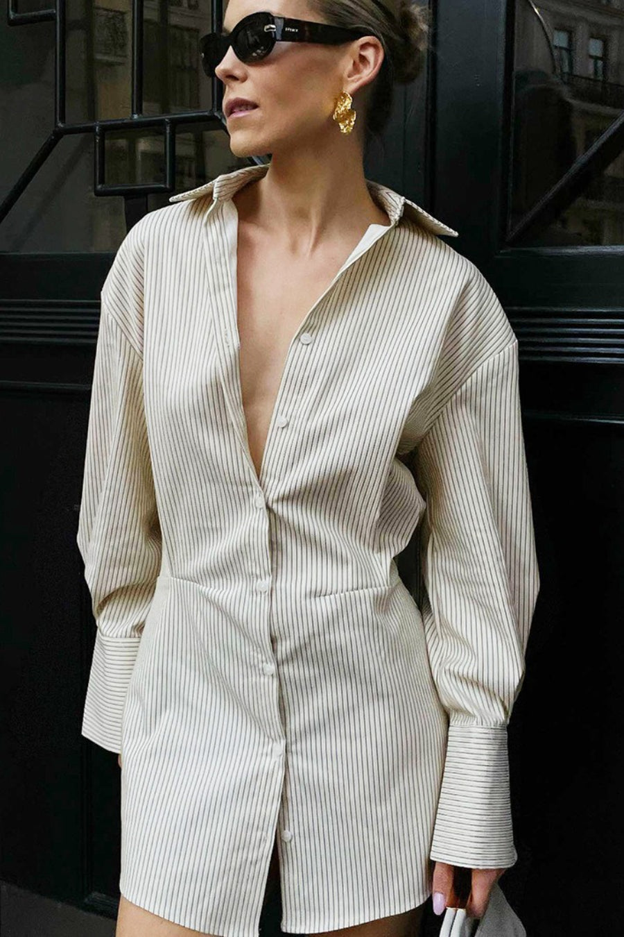Pinstripe Point Collar Deep V Wide Cuff Long Sleeve Belted Mini Shirt Dress