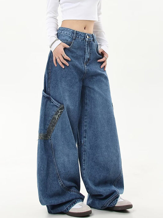 American Retro Leopard Print Stitching Boyfriend Jeans