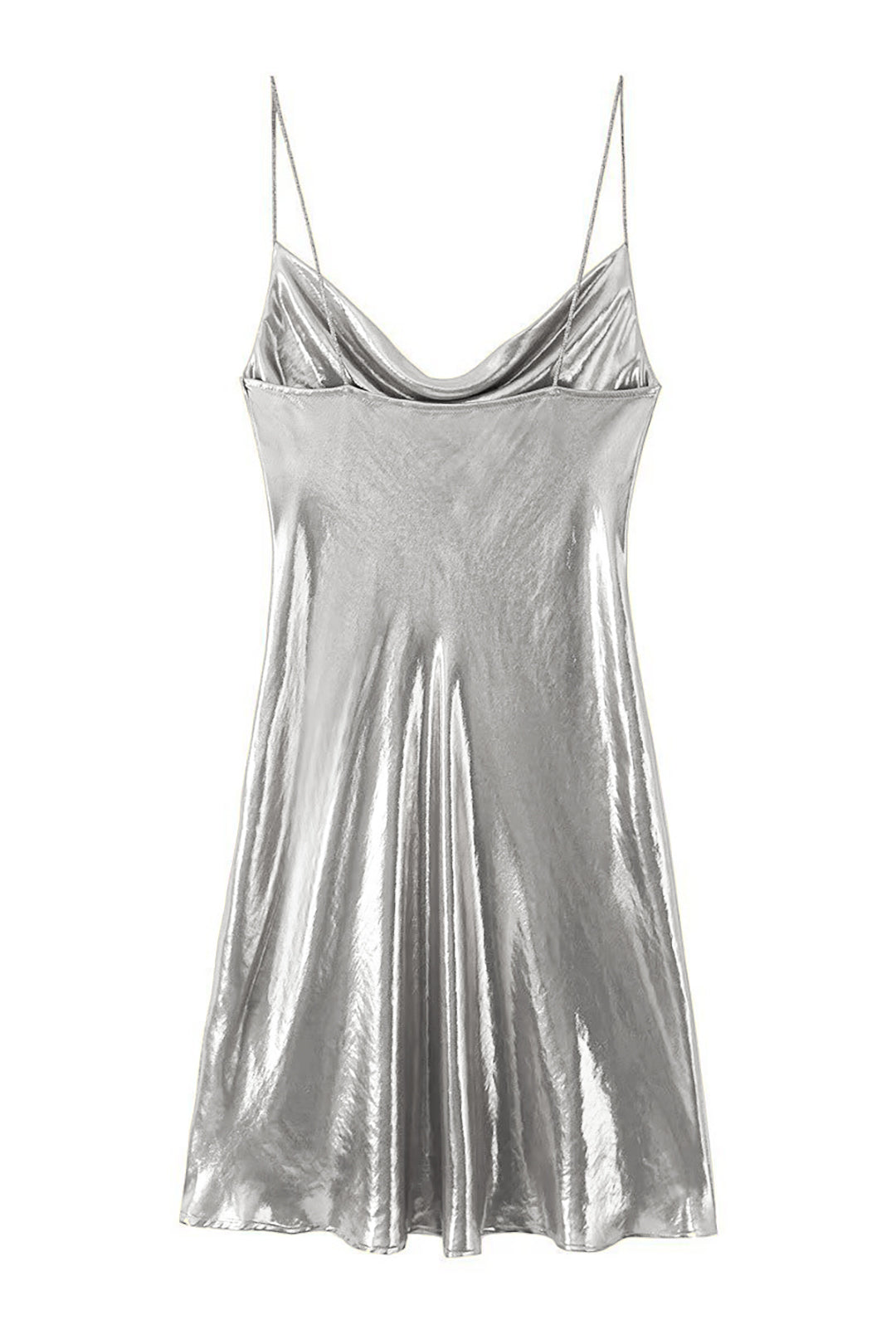 Cowl Neck Spaghetti Strap Metallic Satin Slip Mini Dress